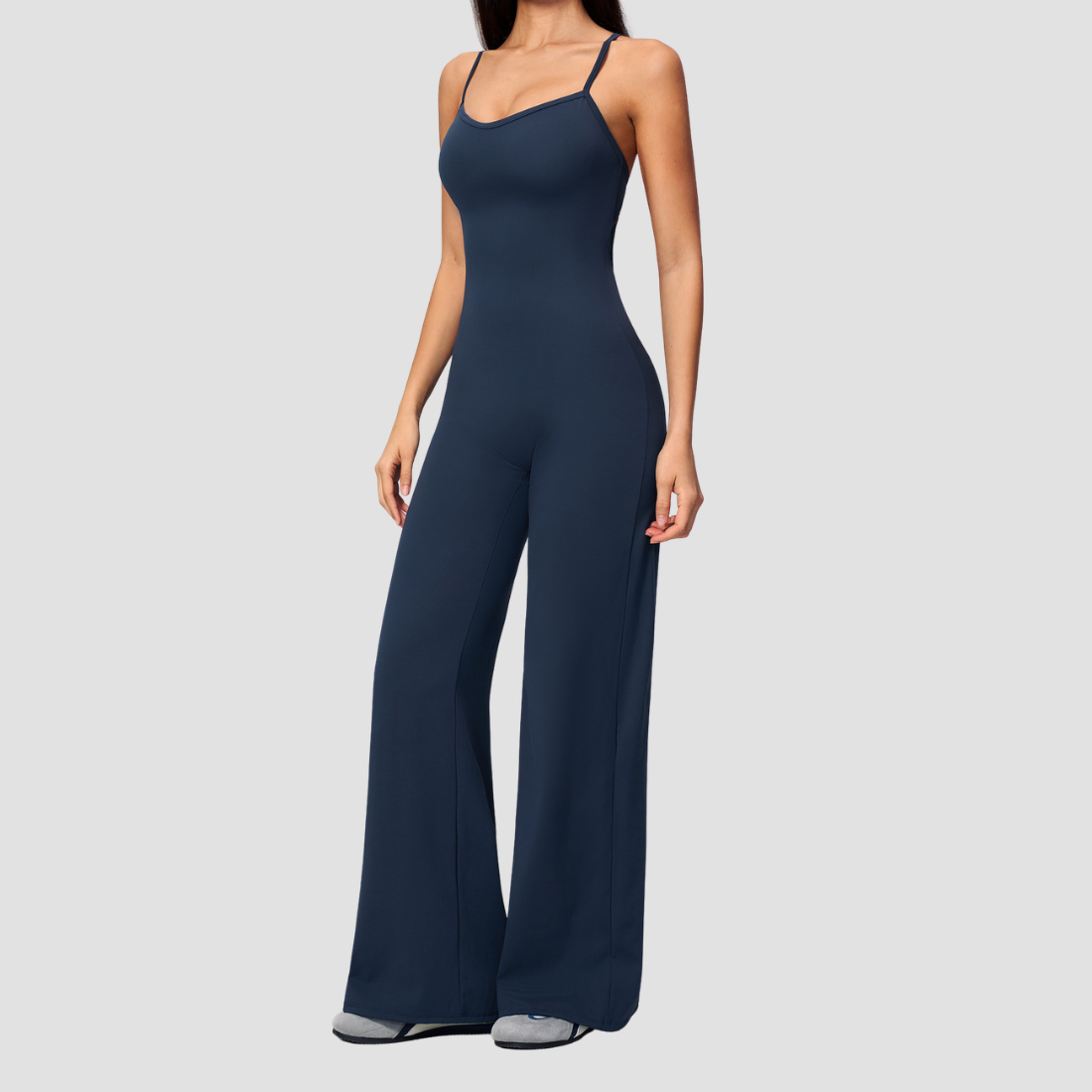 Wholesale Women's Brushed Yoga Jumpsuit – Cross Back Wide-Leg Athletic Bodysuit w/ Chest Pad