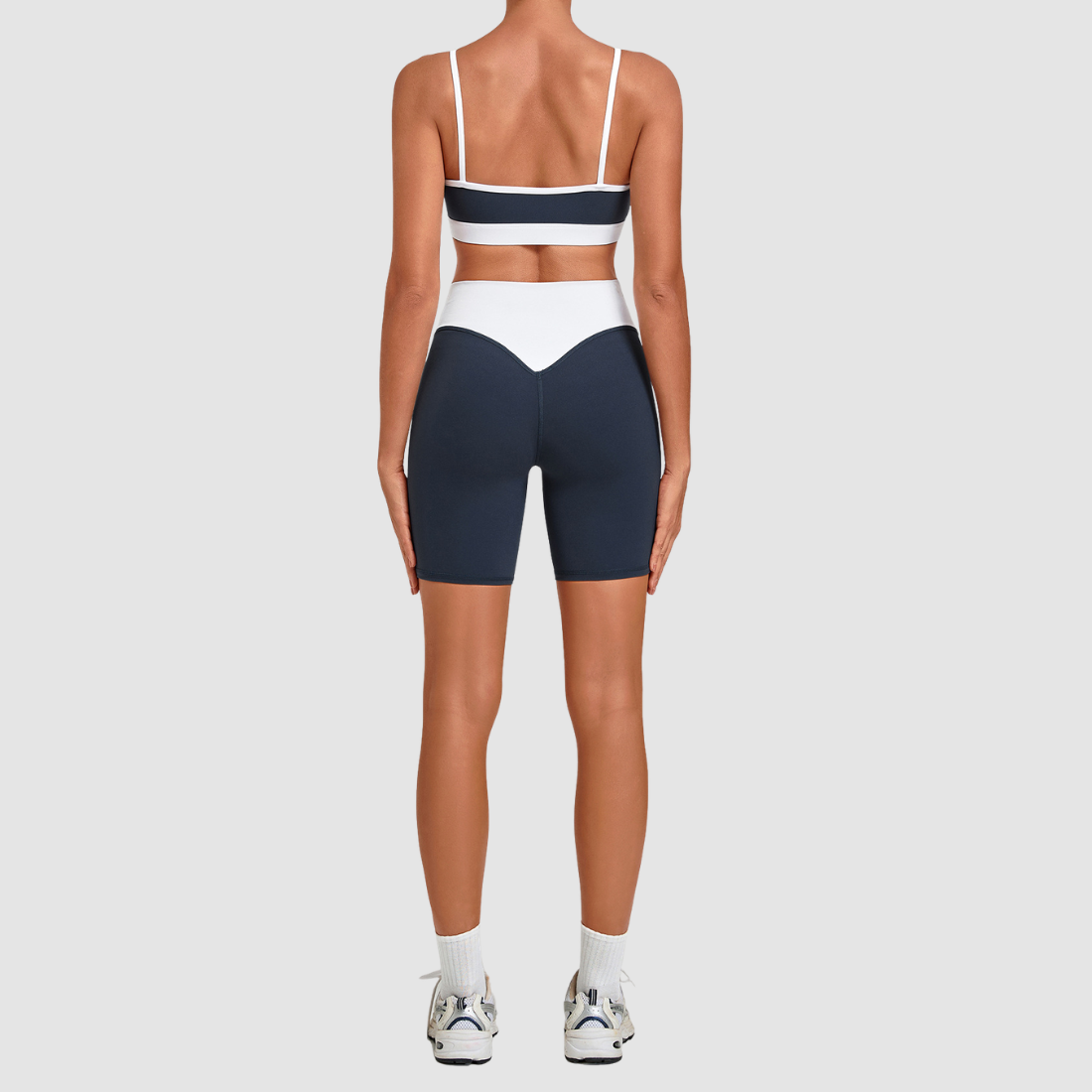 Wholesale Women’s Contrast Strap Sports Bra & High-Waist Biker Shorts Yoga Set