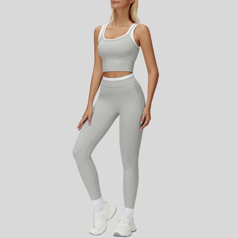 Two-piece contrasting sports tank top+sports leggings 2-piece set