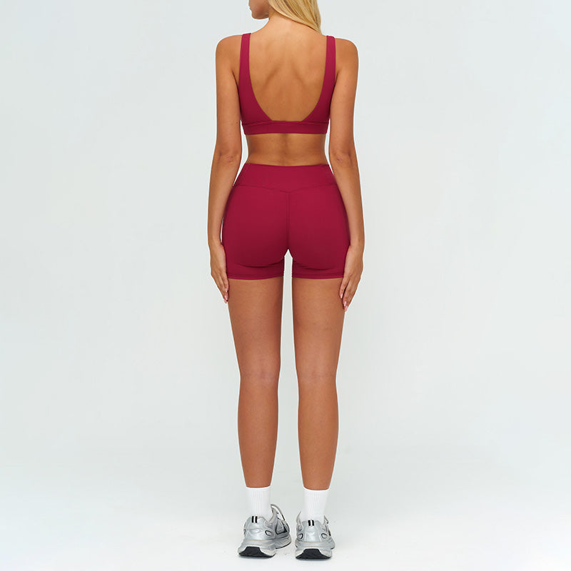 Square neckline backless sports bra + athletic slimming shorts 2-piece set