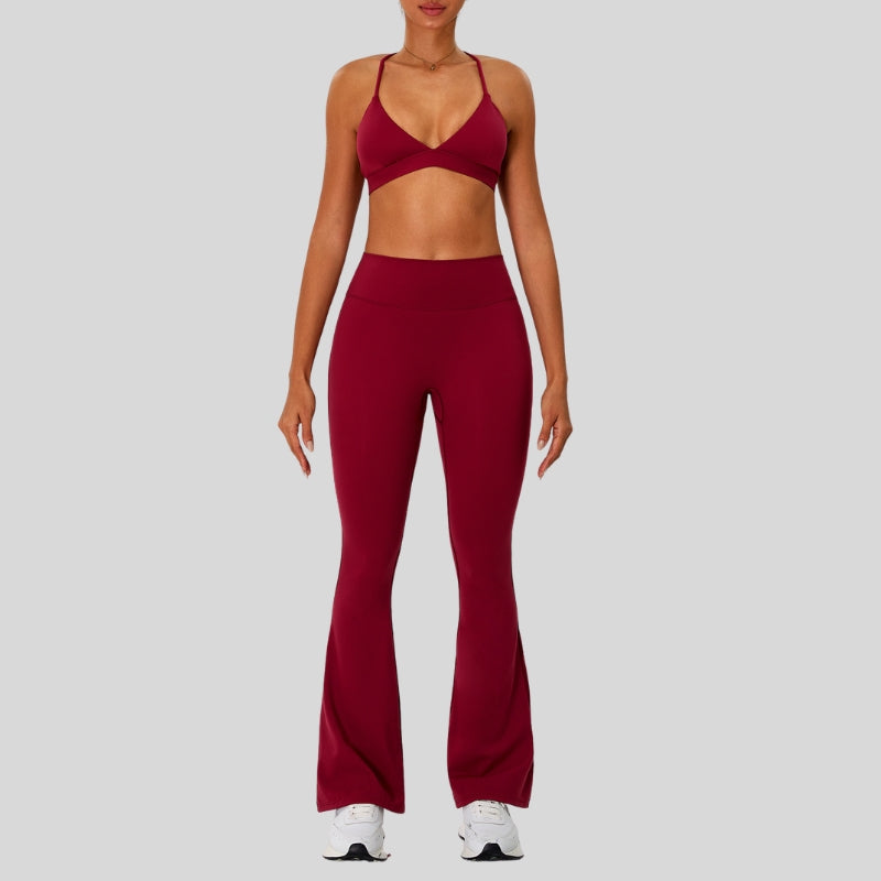 Strap sports bra+High-waisted flared pants 2-piece set