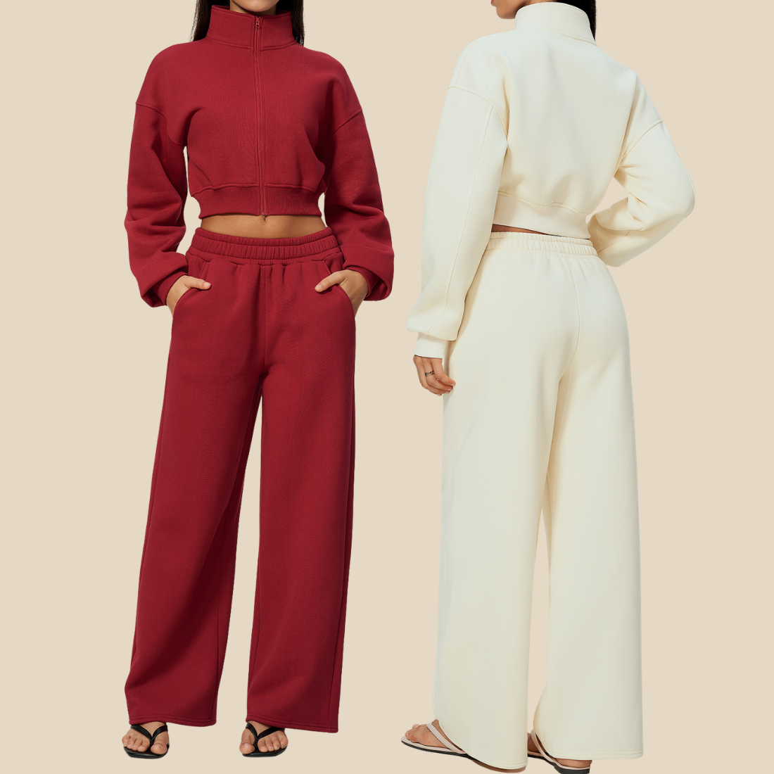 Wholesale Women's Activewear High-neck zip-up Jacket+Fleece-lined wide-leg pants Set