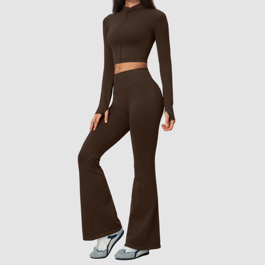 Wholesale Women's Stand-Collar Zip Jacket & Flared Yoga Pants Set