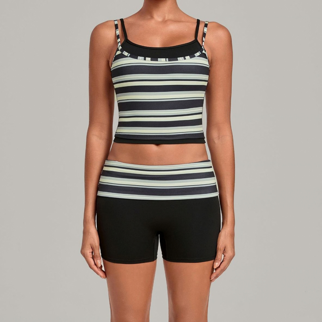 Wholesale Women's Retro Print Double-Strap Yoga Vest+High-waist Shorts Two-Piece Set
