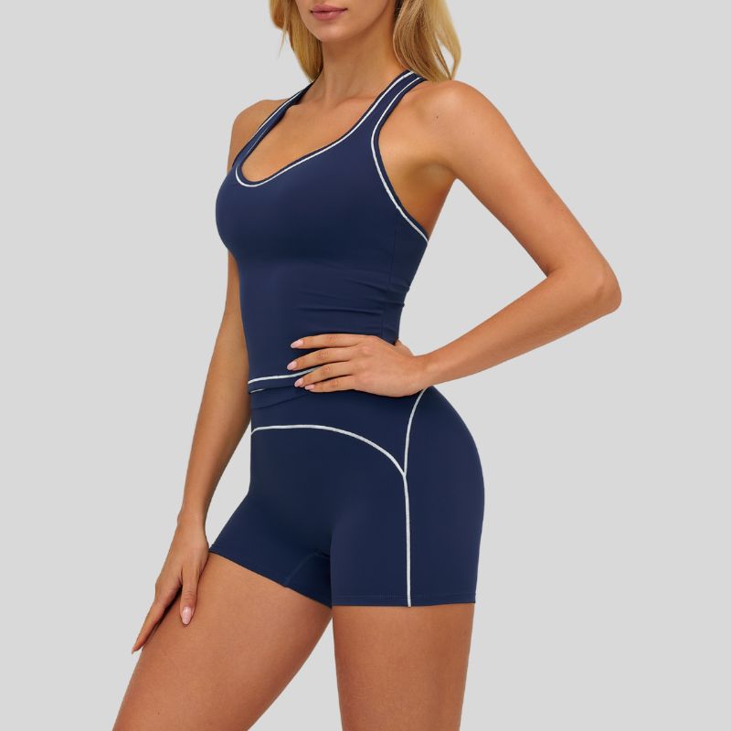 Contrasting racerback tank top+High waisted shorts 2-piece set