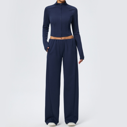 Wholesale Women's Activewear Cotton Stand-Collar Zip-Up Jacket & Wide-Leg Pants Warm Set