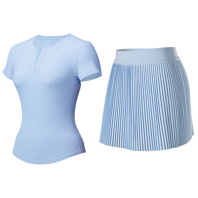 Wholesale Women's V-Neck Open-Back Short Sleeve Top & Pleated Skirt Set