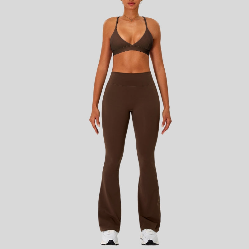 Strap sports bra+High-waisted flared pants 2-piece set