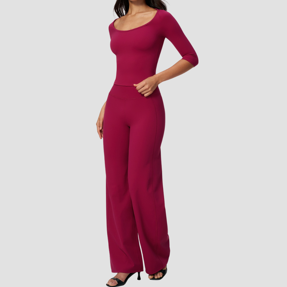 Wholesale Women's Round neck mid sleeve top+Hip lift Wide-Leg Yoga Set