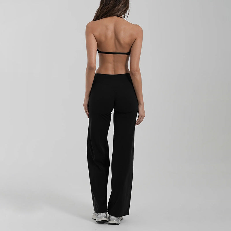 Halter-neck backless bra + loose wide-leg pants 2-piece set