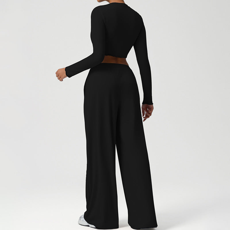 Snug-Fit Cropped Long Sleeves + Loose Drawstring Wide-Leg Pants 2-Piece Set