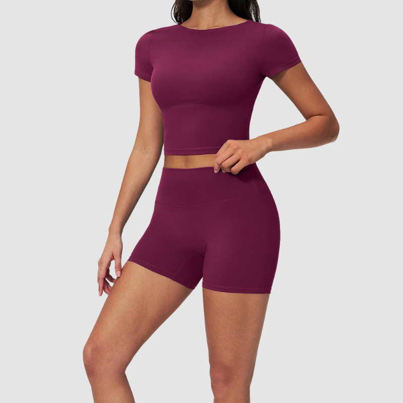 Wholesale Seam-Detail Cropped Short-Sleeve Top & High-Waist Biker Shorts Set – Brushed Yoga 2-Piece