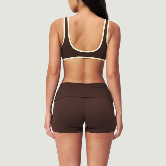 Wholesale Color Block V-Neck Sports Bra & Fold-Up Shorts Set