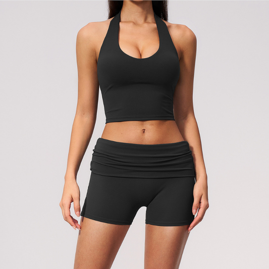 Wholesale Women's Cross-Back Halter Sports Bra and Shorts Set – Brushed Yoga Set