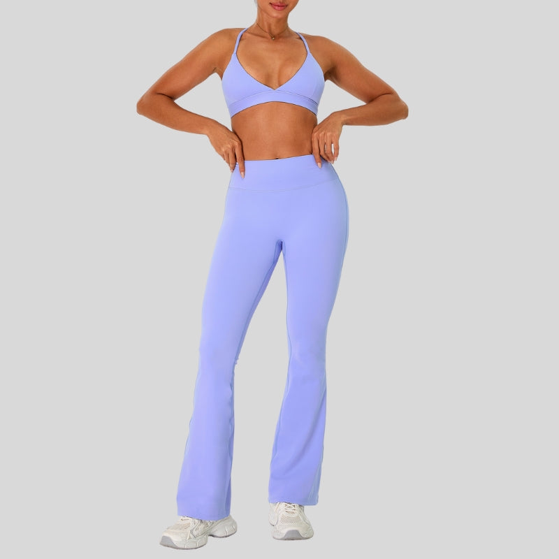 Strap sports bra+High-waisted flared pants 2-piece set