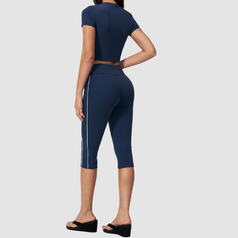Wholesale Women's Brushed Contrast Piping Short Sleeve Crop Top & Button-Up Cropped Pants Set