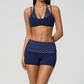 Wholesale Women's Polka Dot & Stripe Yoga Set Halter Neck Sports Bra & Shorts w/ Chest Pad