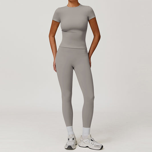 Top deportivo de manga corto cepillado + Leggings de cintura alta de 2 piezas