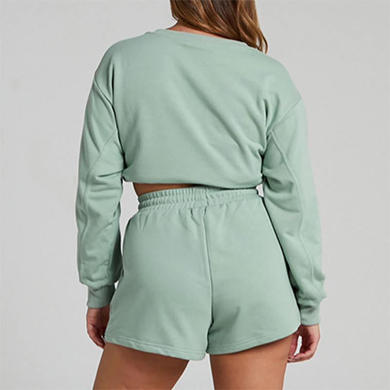Wholesale solid color long sleeved sweatshirt+shorts set