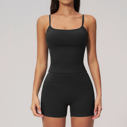 Wholesale Seam-Detail Racerback Tank Top & High-Waist Biker Shorts Set – Brushed Yoga 2-Piece