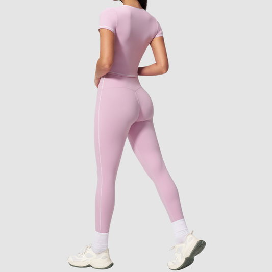 Wholesale Women's Seam-Detail Short Sleeve Crop Top + High-Waist Leggings Set – Butt-Lifting Yoga Gym Activewear