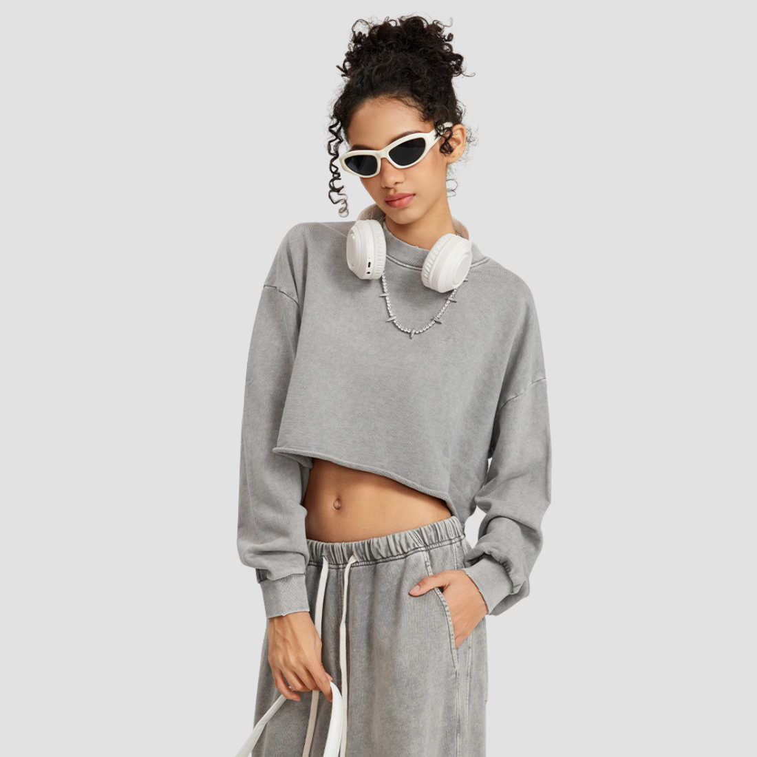 Wholesale Washed Raw-Edge Long Sleeve Top – Cropped Cotton Streetwear