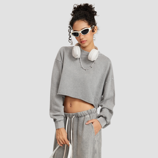 Wholesale Washed Raw-Edge Long Sleeve Top – Cropped Cotton Streetwear