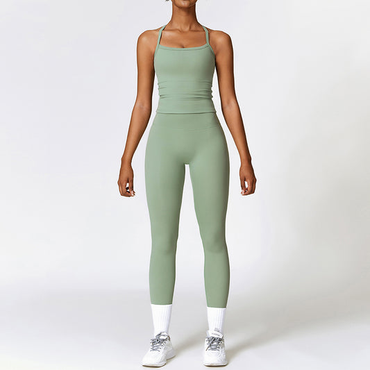 Tapa del tanque de yoga de cruz cepillado + Leggings de cintura alta de 2 piezas