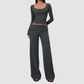 Wholesale Women's Brushed Yoga Set: Long-Sleeve Crop Top & Wide-Leg Pants