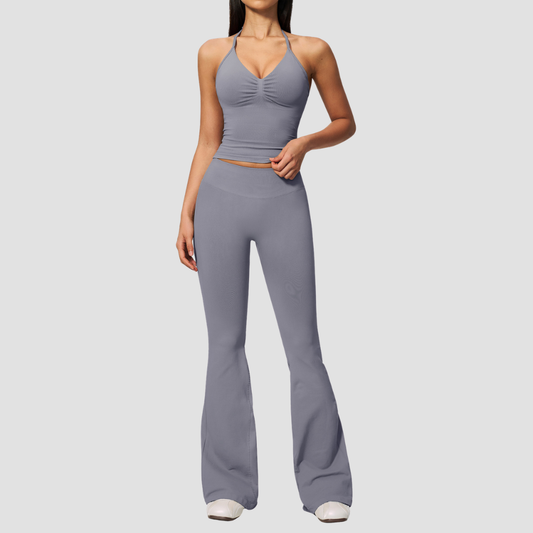 Wholesale Women's Seamless Yoga Set: Strappy Tank Top & Flare Pants – High-Stretch w/ Chest Pad