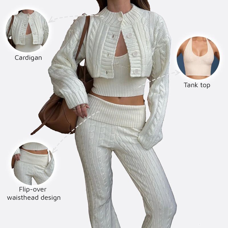 Short Cardigan + U-Neck Vest + Flare Pants