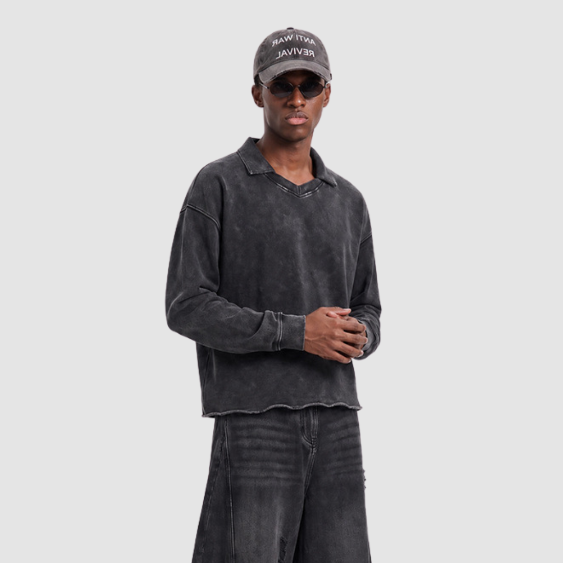 Wholesale Men’s Washed Boxy V-Neck Cotton Sweatshirt