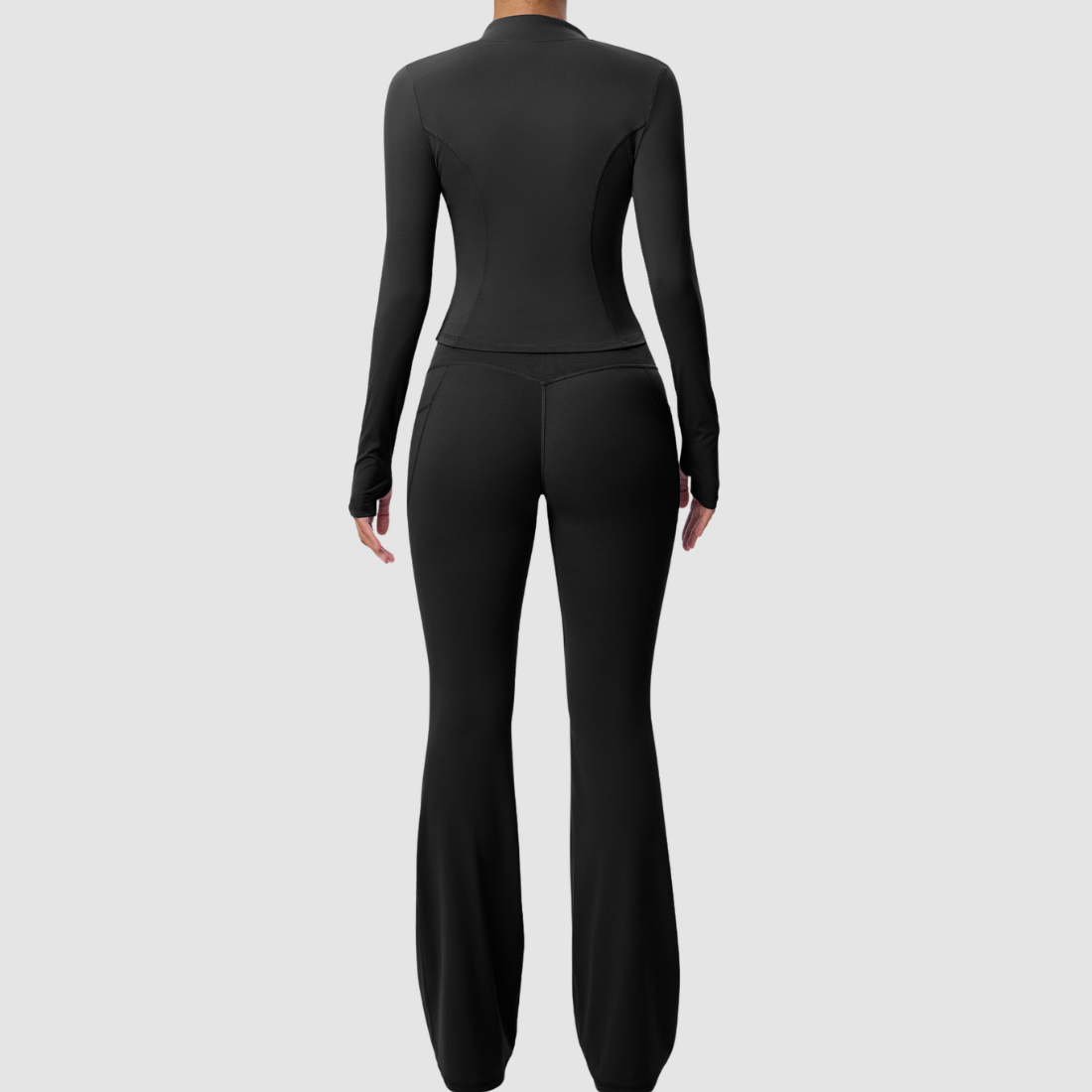 Wholesale Women's Activewear Zip Pocket Jacket & Flare Pants Yoga Set
