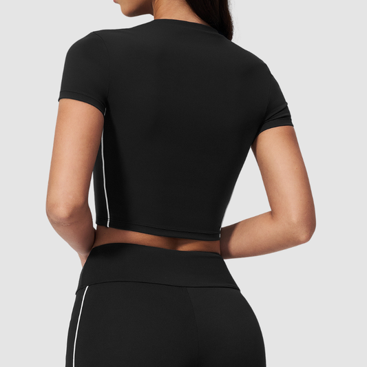 Wholesale Women's Brushed Contrast Piping Short Sleeve Crop Top – Moisture-Wicking Yoga Gym Fitness