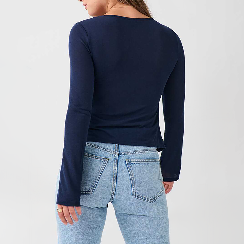 Wholesale Modal-Blend Tie-Front Bow Long-Sleeve Fitted T-Shirt – Elegant Slim-Fit Top