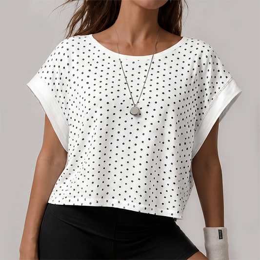 Wholesale Women's Hollow Polka Dot Yoga Cover-Up – Loose Fit Open-Back Short Sleeve Gym Top