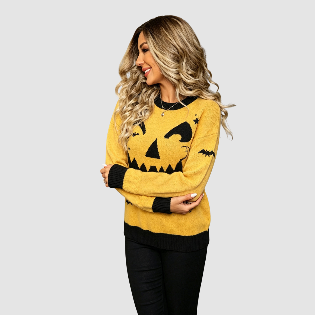 Wholesale Women's Halloween Witch Bat & Skull Knit Sweater – Yellow Round-Neck Pullover