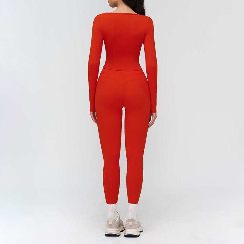 V-neck slim-fit long-sleeved top + High waist leggings 2-piece set