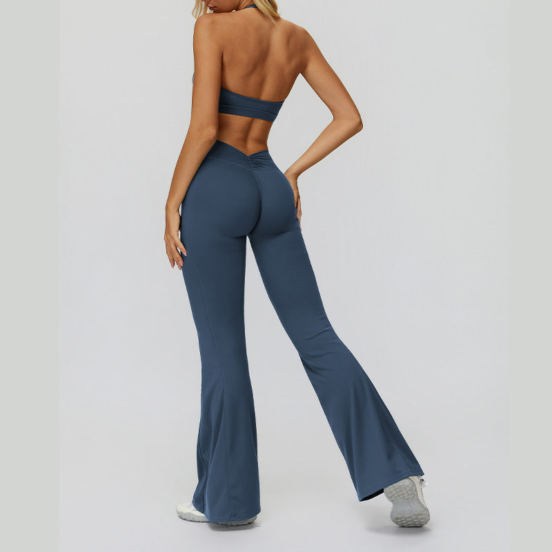Halter sports bra+High waisted flared pants 2-piece set