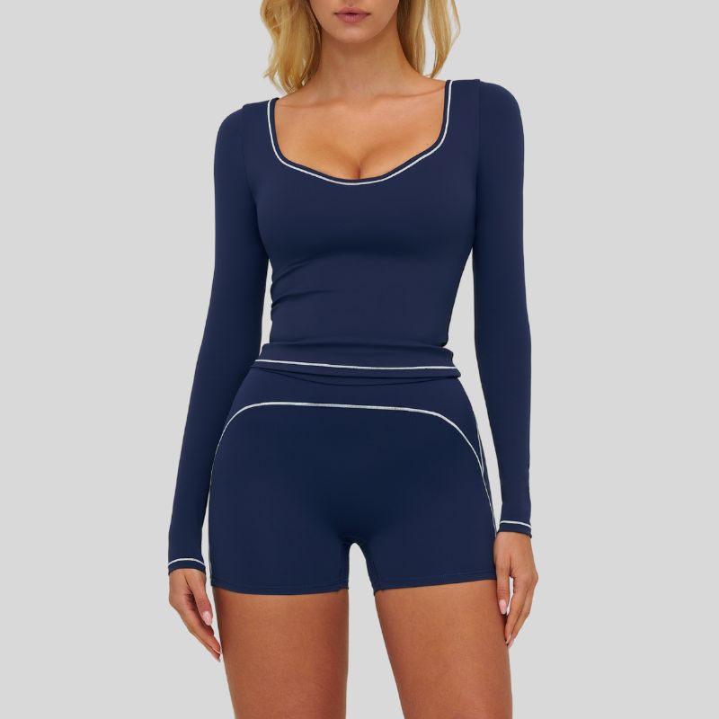 Color-blocked long-sleeved sports top+High waisted shorts 2-piece set