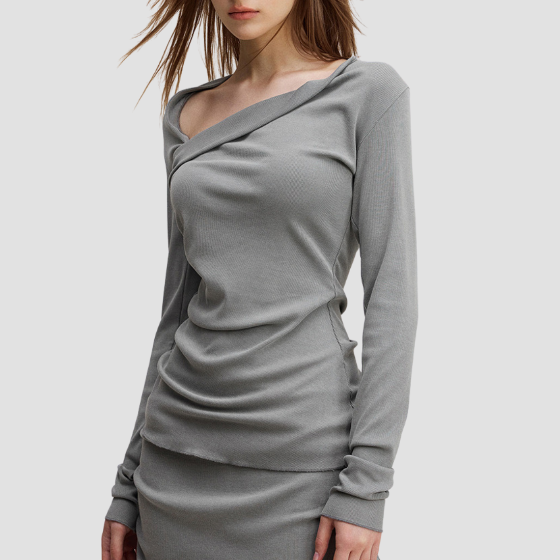 Wholesale Women’s Asymmetric Neck Streetwear Top & Shoulder Wrap – Washed Long Sleeve