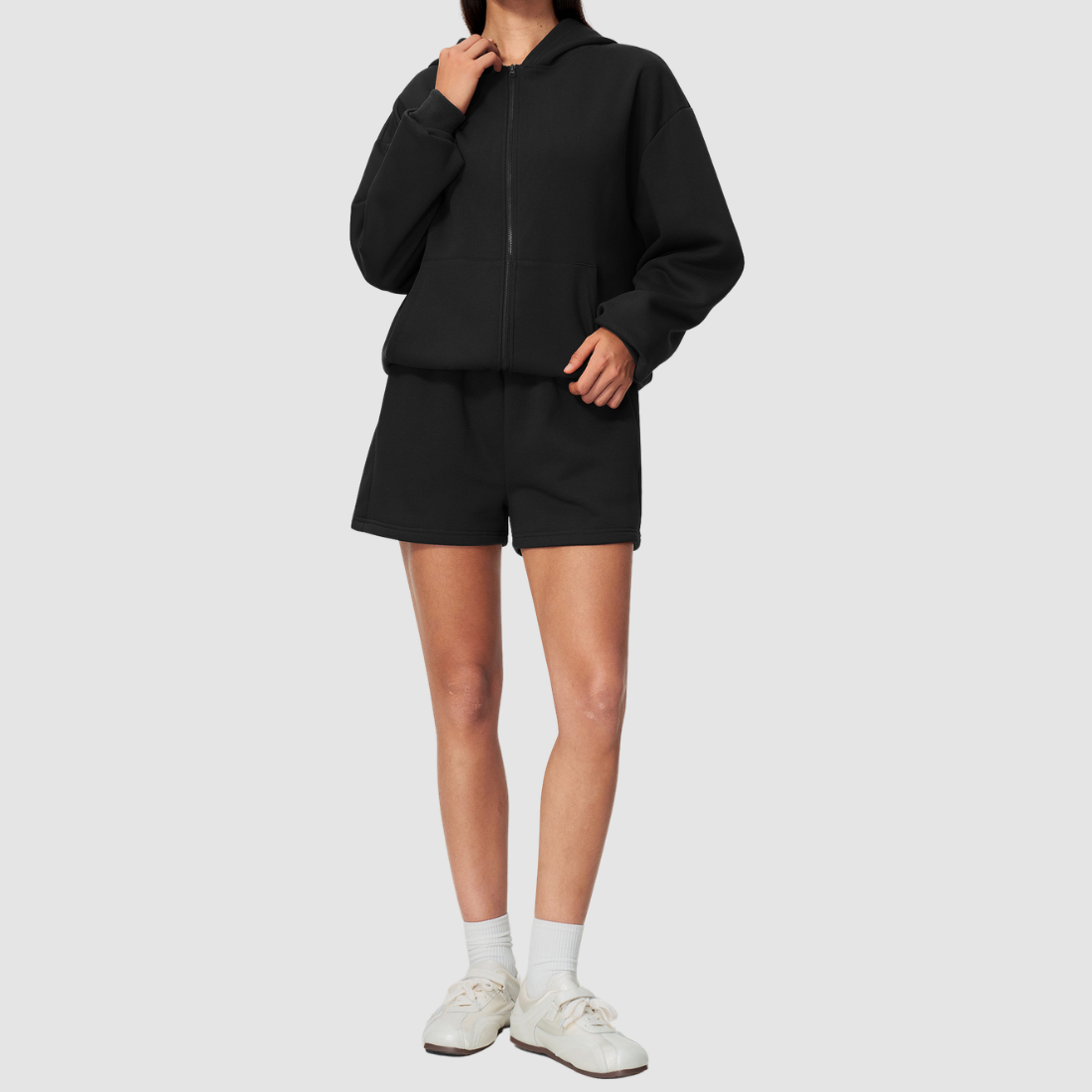 Wholesale Women's Warm Fleece-Lined Zip Up Hoodie & Sweat Shorts Set