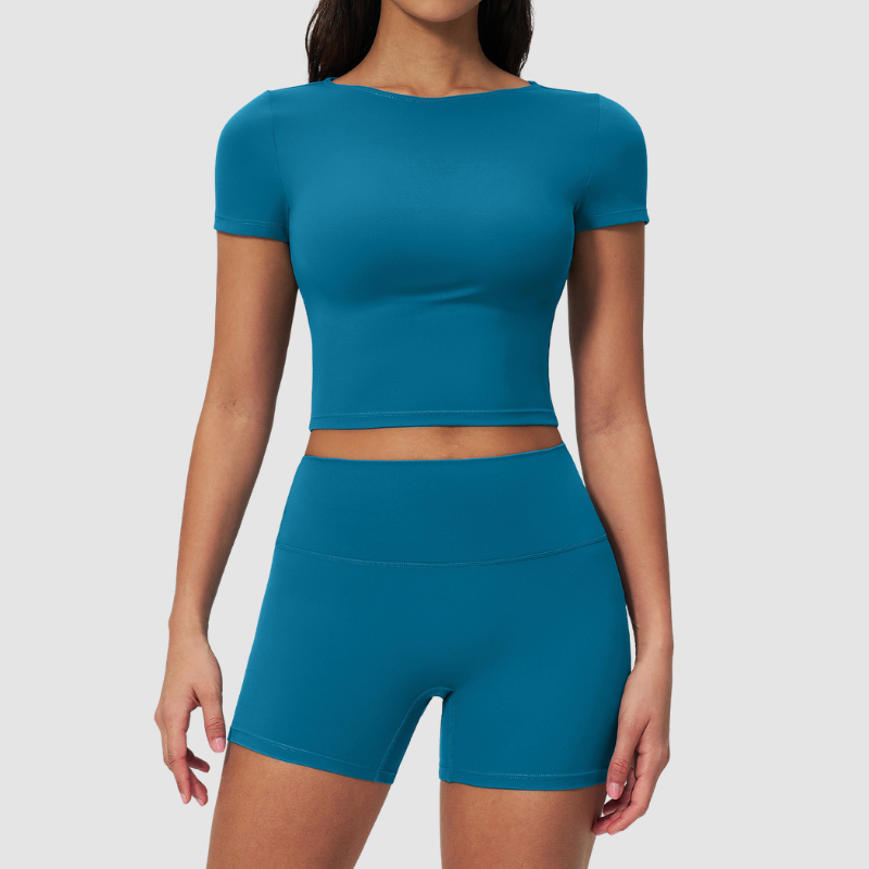 Wholesale Seam-Detail Cropped Short-Sleeve Top & High-Waist Biker Shorts Set – Brushed Yoga 2-Piece