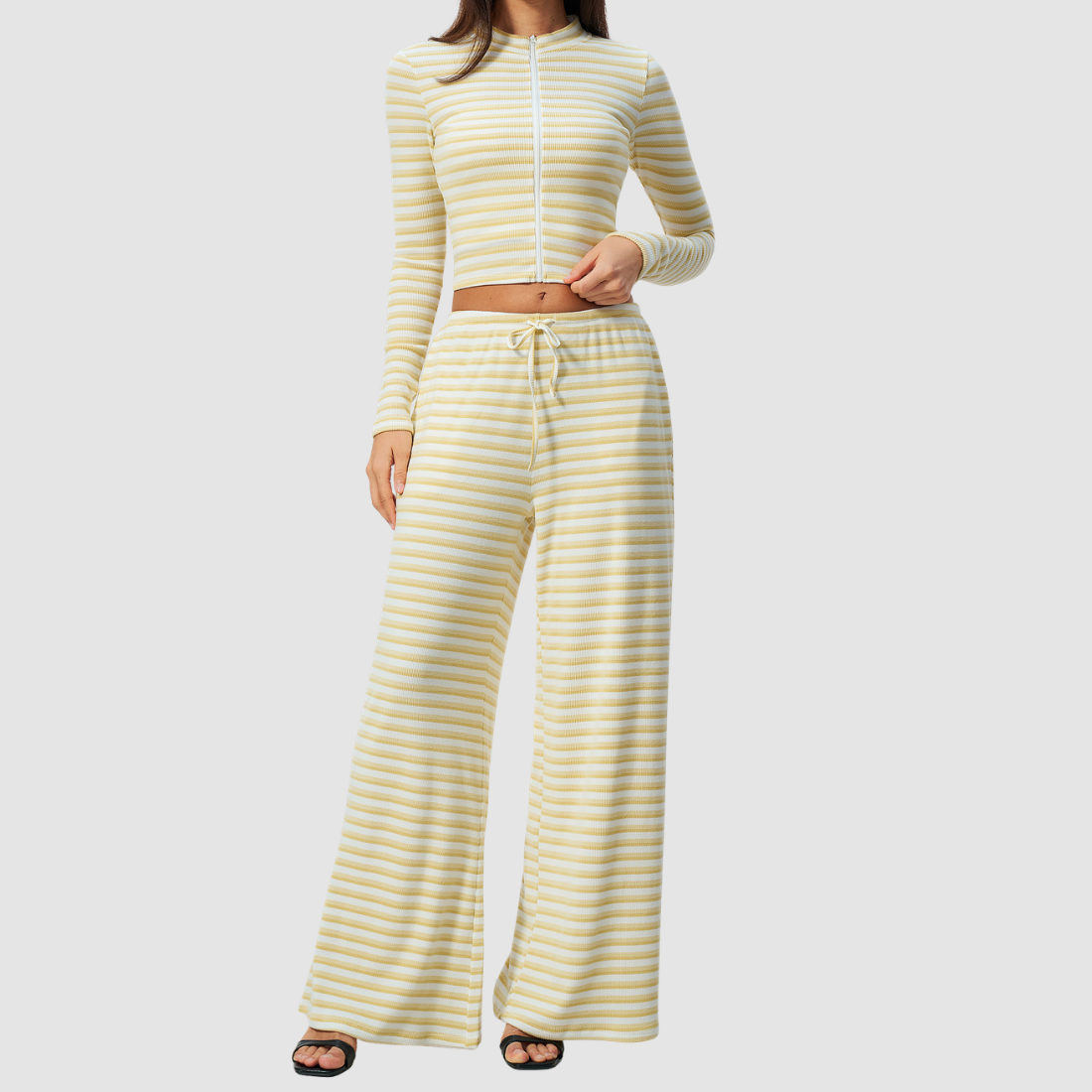 Wholesale Women's Stripe Yoga Set: Zip Stand-Collar Jacket & Wide-Leg Pants
