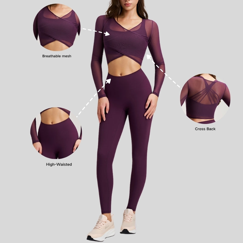 Sheer Mesh Top + Cross Back Bra + High-Waist Leggings 3-Piece Set