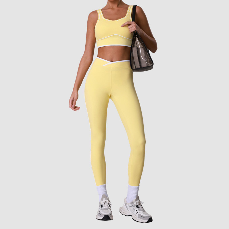Wholesale Naked-Feel Color-Block Sports Bra & High-Waist Leggings Set – Cross-Back Yoga 2-Piece