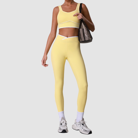 Wholesale Naked-Feel Color-Block Sports Bra & High-Waist Leggings Set – Cross-Back Yoga 2-Piece