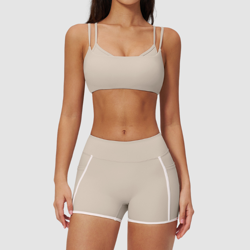 Wholesale Naked-Feel Stripe-Detail Sports Bra & High-Waist Biker Shorts Set – Sculpting Yoga 2-Piece