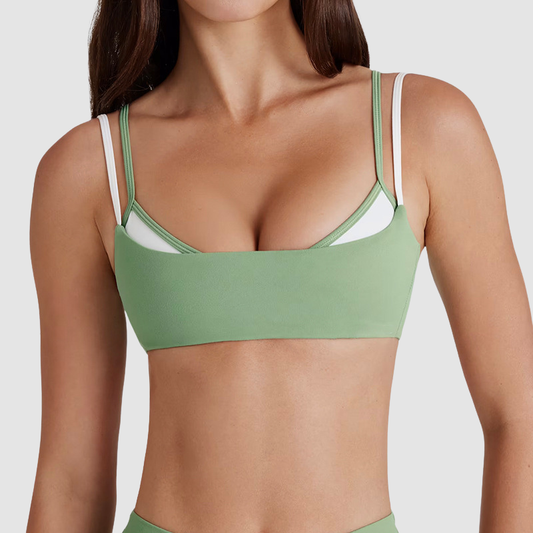 Wholesale Faux two-piece color-blocked sports bra | Wonderxfans bulk activewear