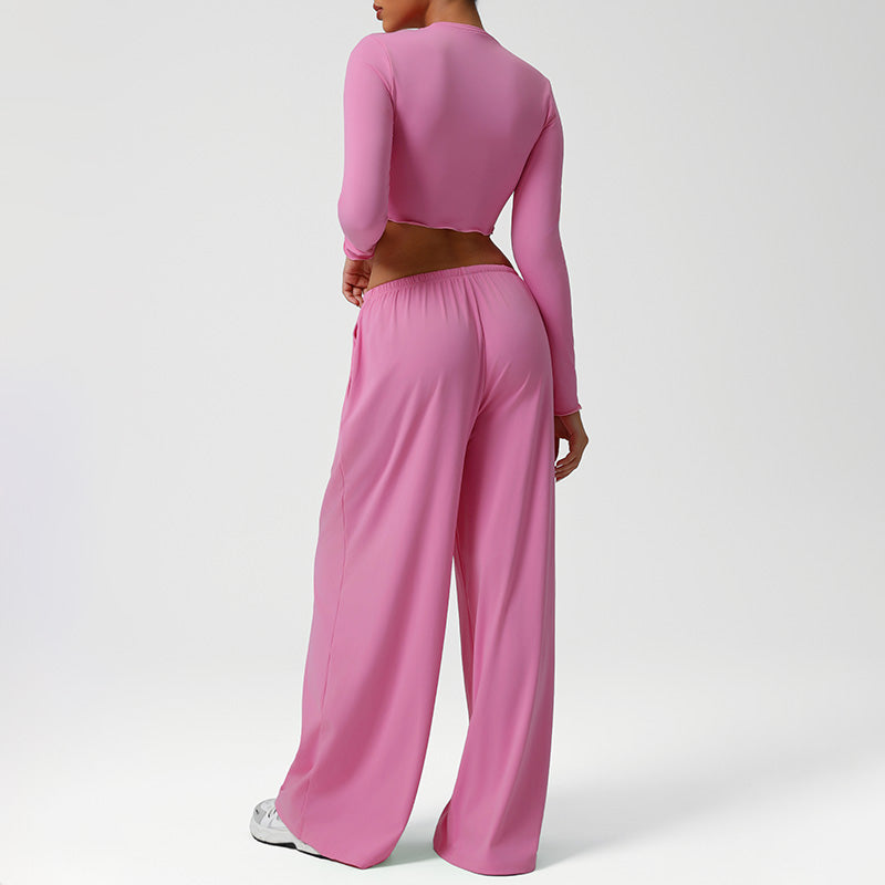 Snug-Fit Cropped Long Sleeves + Loose Drawstring Wide-Leg Pants 2-Piece Set